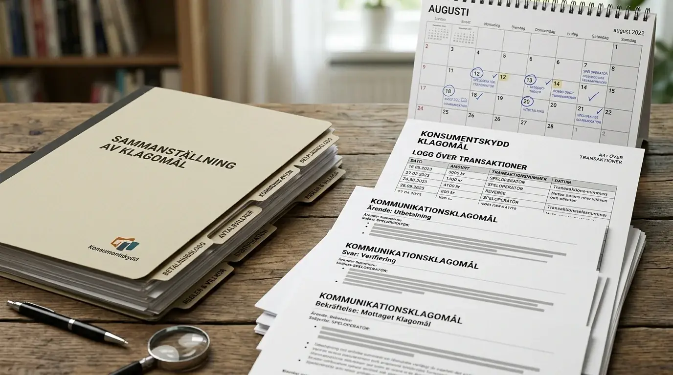 Dokument, datum och kontaktvägar ordnade för ett spelrelaterat klagomål